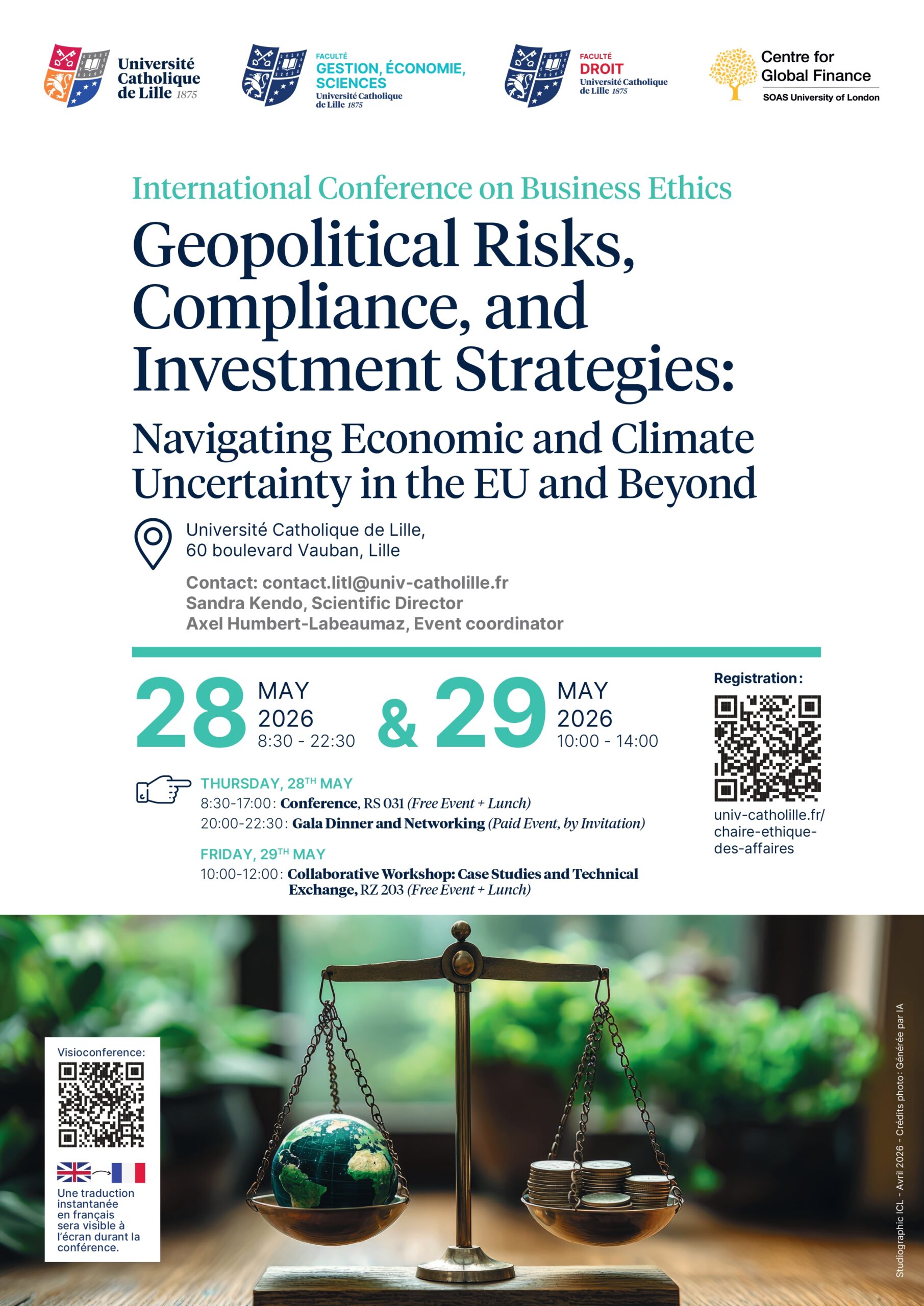 Affiche officielle de la conférence sur les risques géopolitiques, conformité et stratégies d'investissement